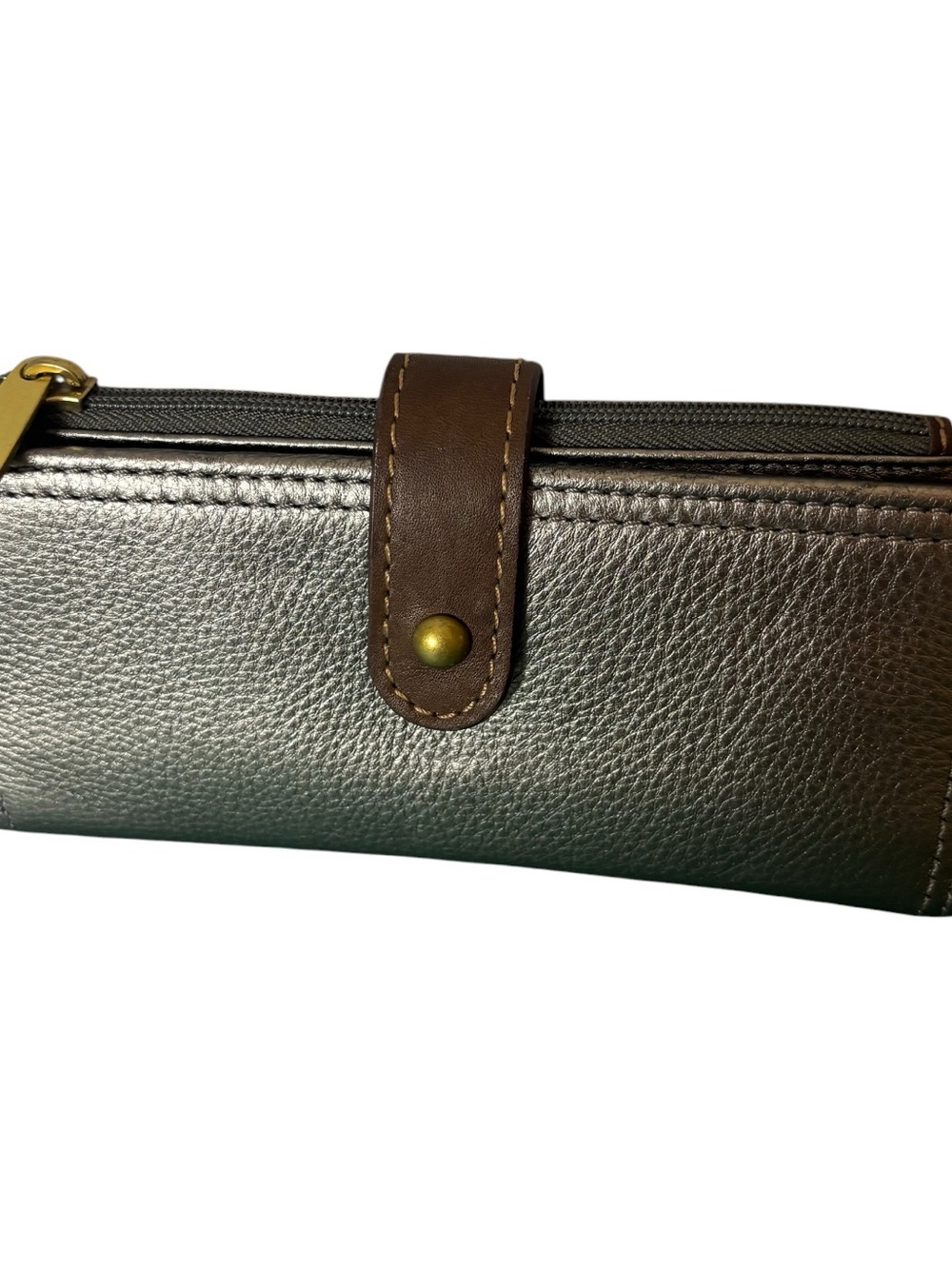 Fossil bifold women’s multi function wallet card holder metallic pewter leather